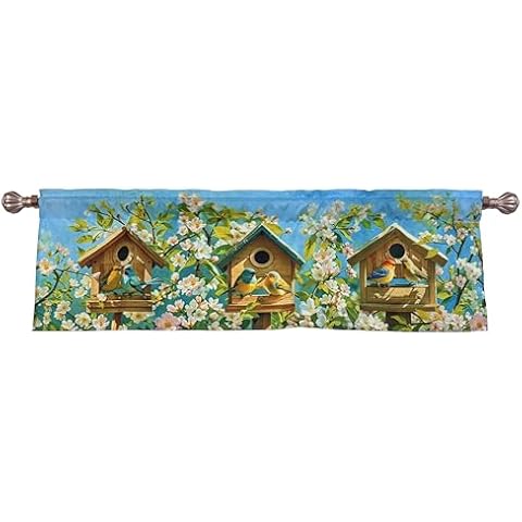 EZ.enjoy Birdhouse Floral Flower Window Curtain Valance Blackout for Spring Summer Decorative Privacy Rod Pocket 52 X 16 Inches Cover