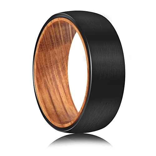 Tungsten Rings for Men Womens 8mm Black Silver Fashion Promise Wedding Band Carbide Inner Hole Inlaid Whiskey Barrel Wood Chamfer Frosted Matte Finish Edge Comfort Fit size 7-12
