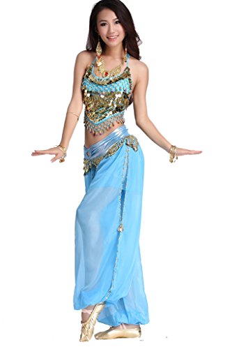 ZLTdream Lady's Belly Dance Chiffon Banadge Top and Lantern Coins Pants Light Blue, One Size