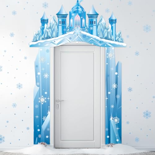 Tiamon Snow Castle Banners Princess Birthday Door Entrance Decorations Ice Snowflake Hanging Door Banner Backdrop for Girls Winter Wonderland Holiday Photo Booth Props Supplies