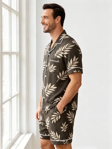 Image of Mens Pajamas Set Short Sleeve Sleepwear Summer Pjs Button Down Pijamas Set Modal 2PCS Pj Set with Pockets, Grey Leave-M