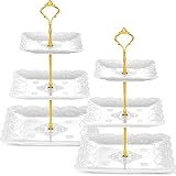 2 Stück 3 Ebenen Porzellan Cupcake Ständer, Weiß Keramik Kuchenständer, Hoher Teeständer, Geburtstag, Teeparty (Spitze Quadratischer Stil)