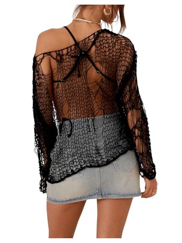 SHENHE Women's Distressed Grunge Tops Off Shoulder Sheer Hollow Out Knit Sweater Top2