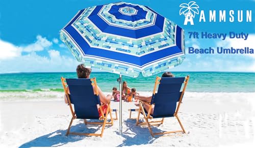 Image of AMMSUN 7ft Heavy Duty Windproof Portable Beach Umbrella with Sand Anchor Vent Adjustable Height with Tilt Aluminum Pole, Portable UV 50+ Protection Carry Bag for Patio Garden Beach Pool Backyard
