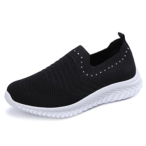 Gospt Women's Slip On Sock Sneakers Glitter Rhinestone Jazz Latin Dance Mesh Shoes Black 8 #TOP30