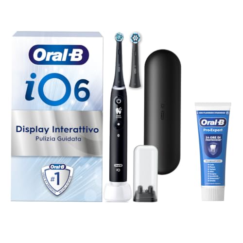 Oral-B iO 6 Spazzolino Elettrico Ricaricabile, con 2 Testine di Ricambio, Nero - 2 Testine di Ricambio per Spazzolino Elettrico, Custodia da Viaggio + 1 Dentifricio Pro Expert, Pulizia Denti Efficace