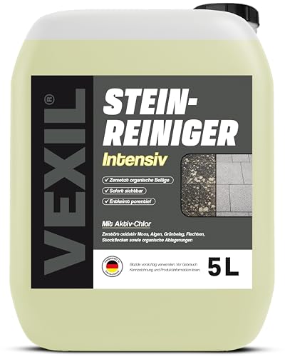 VEXIL Steinreiniger INTENSIV – 5L – mit AKTIV-CHLOR für SCHNELLE ERGEBNISSE – vernichtet Moos, Algen, Flechten, Pilzbefall, Grünbelag & Grauschleier – für Terrasse, Pflaster, Beton & Naturstein