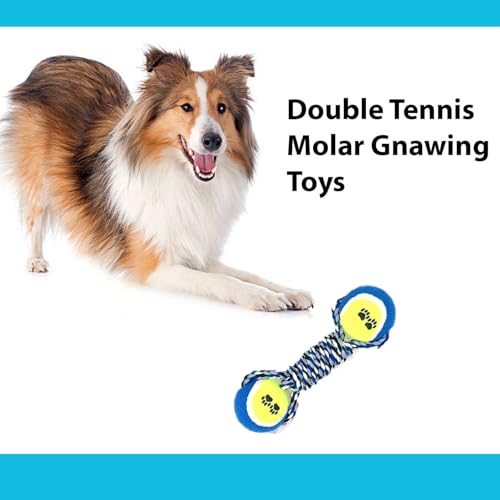 Image of Dog and Puppy Toy Set - Tail, Chew, Teething, Rope, and Tug Toys for Small to Medium Dogs - Washable Cotton Pack (Tennis DUMBLE)
