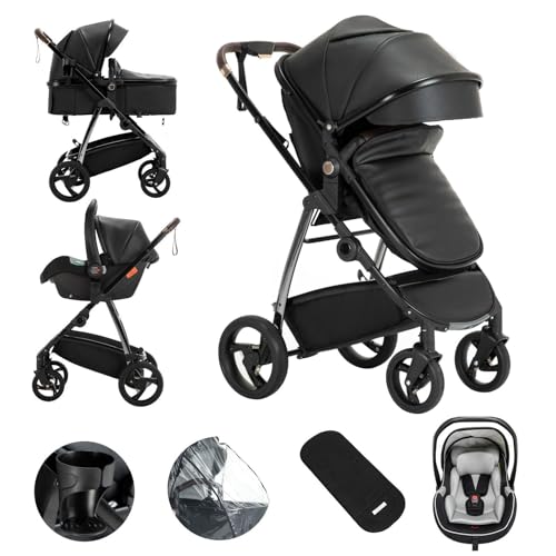 Kakbgee Cueros 3 en 1 Carrito Bebé, Cochecito Bebe con Asiento de Coche ECE R129, Cochecito Combinado Plegable One Click, Alta Vista Estructura de Aluminio Cochecito para Recién Nacido(22KG, 0-4Años)