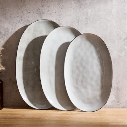 famiware Serving Platter, Oval 15.59/14.3/12.9inch Serving Dishes for Entertaining, Serving Bowls, Reactive Glaze, Stoneware Serving Trays for Party, Food, Turkey, Cheese, Ocean Series, Grey