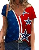 T-shirt à imprimé drapeau américain créatif pour femmes T-shirts amples à manches courtes et à col en V imprimés sur le thème du Jour de l'Indépendance