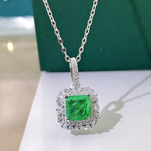 Yunkai Sterling Silver Emerald Necklace, 2Ct Lab Grown Emerald Princess Cut(7Mm) Halo Simulation Diamond Pendant Hypoallergenic White Gold Plated Jewelry Gifts For Her Birthday Day Christmas Gift #TOP4