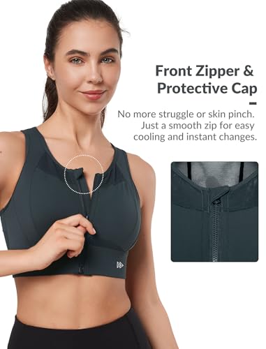 Image of Yvette Women's Sports Bra Front Zipper High Impact Support Mesh Racerback | Plus Size Friendly,Sewn-in Pads Stay Put,Wirefree & Supportive,Breathable,Secure Zip Closure,For Large Bust,Running,Gym,HIIT