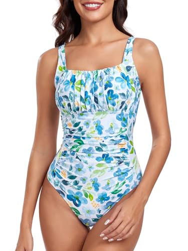 FLYILY Baddräkt för dam, vadderad hel baddräkt i ett stycke med rynkdetaljer, magkontroll och push-up, strand- och badmode , L