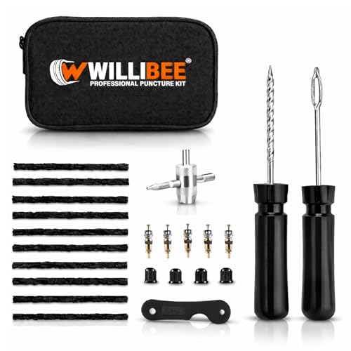 Image of WILLIBEE 8-in-1 (Pack of 10 Strips) Tubeless Tyre Puncture Repair Kit for Bike & Car | Heavy-Duty Puncher Kit (Includes Storage Bag) | Emergency Tyre Fix Tool Set