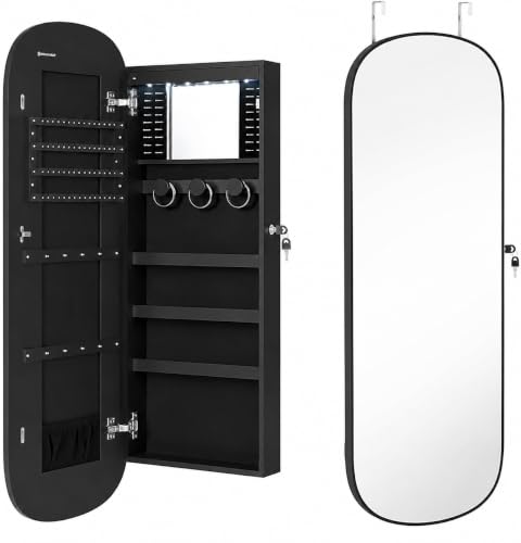 SONGMICS Jewelry Organizer, LED Jewelry Cabinet Wall/Door Mounted, Lockable Rounded Wide Mirror with Storage, Interior Mirror, 3.9 x 16.5 x 42.5 Inches, Black Surface with Black Lining