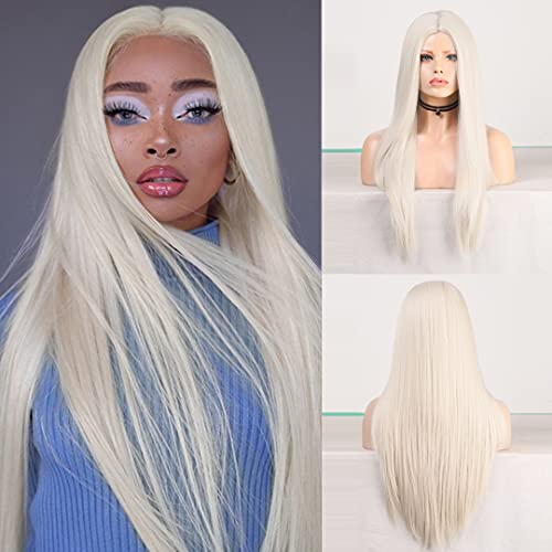 RDY Platinum Blonde Long Silky Straight None Lace Synthetic Wigs #60 Full Machine Made Cosplay Costume Wig for Black Women Middle Part Synthetic Hair Fashionable Design Soft Blonde 24inches
