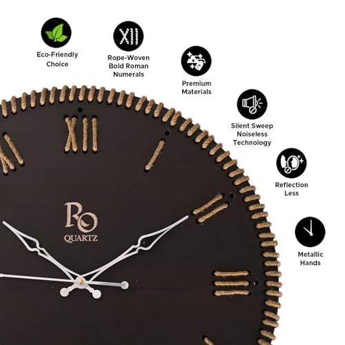 Image of Wooden Round Shape Roman Dial Wall Clock with Golden Jute Detailing and Silver Hands | Silent Quartz Movement Anti Reflection Analog Vintage Clock for Home and Office (Black, 15.5 Inch)