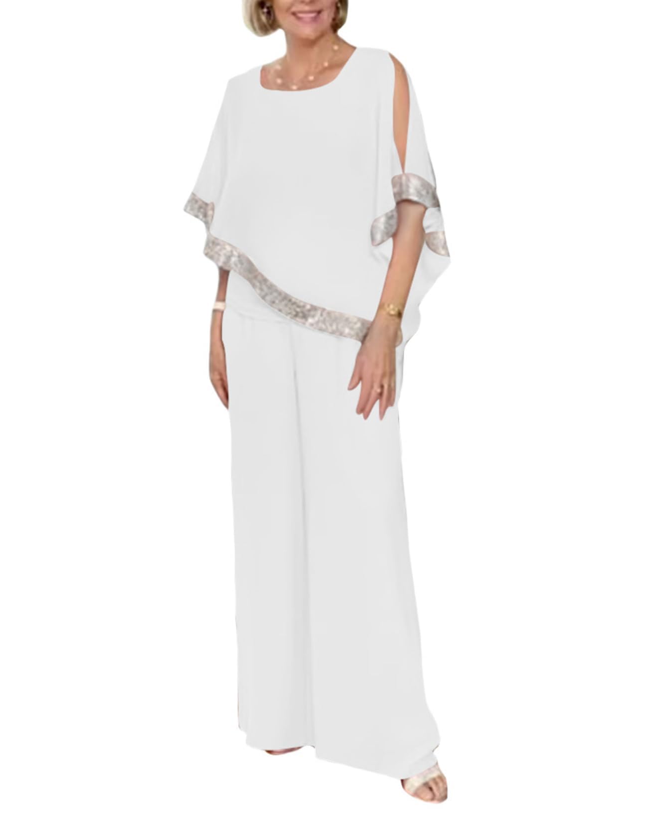 Chiffon 2 Piece Pant Suits for Womens Long Pant Batwing Sleeve Elegant Pantsuit Mother of Bride Sets Outfits
