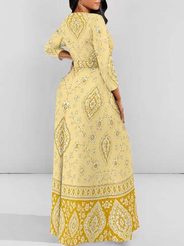 Image of Women Plus Size Long Sleeve V Neck Maxi Dress with Belt | Soft fabric relaxed fit three quarter sleeve v neck with pockets for party and daily wear