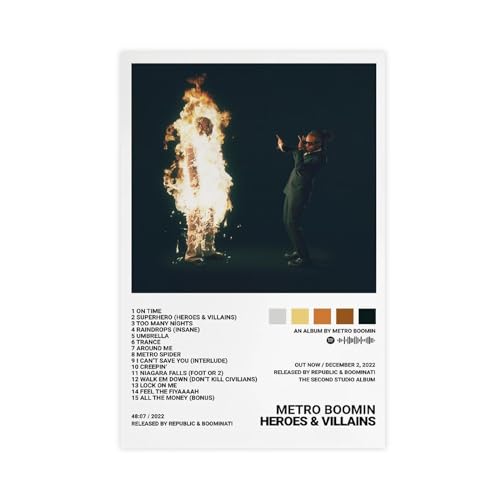 NebulaNova Metro Boomin Poster Heroes & Villains, copertina per album, su tela, per camera da letto, dormitorio, regalo per adolescenti, senza cornice, 30 x 45 cm