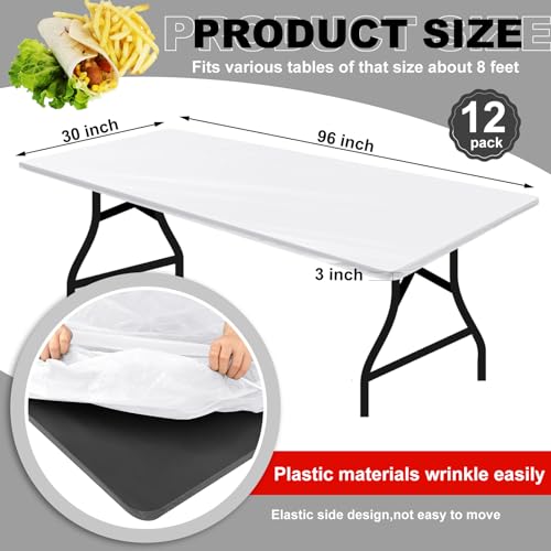 Image of Boao 12 Plastic Elastic Fitted Tablecloths, 8 Ft, 96 x 30 Inch, White