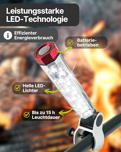 SCHWAIGER Grill-Leuchte I LED Grill Licht mit Schraubklemme I 180° neigbar & 360° drehbar für individuelle Ausleuchtung I hitzebeständige Grillbeleuchtung I batteriebetriebenes Licht für BBQ