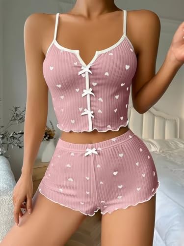 Conjunto de pijama de 2 piezas para mujer, estampado de corazón, ropa de dormir para descansar en casa y relajarse, Rosa, XXXL