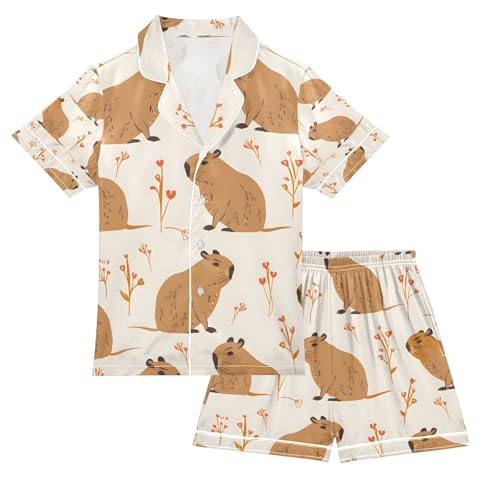 senya Capybara Autumn Satin Summer Pajama Sets Silk Short Sleeve Button Down Sleepwear