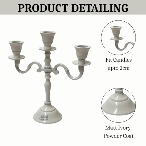 Image of Aluminum 3-Arm 8inch Ivory Candelabra for Dining Table | Vintage Candle Stand for Romantic Dinner, Home & Wedding Decor
