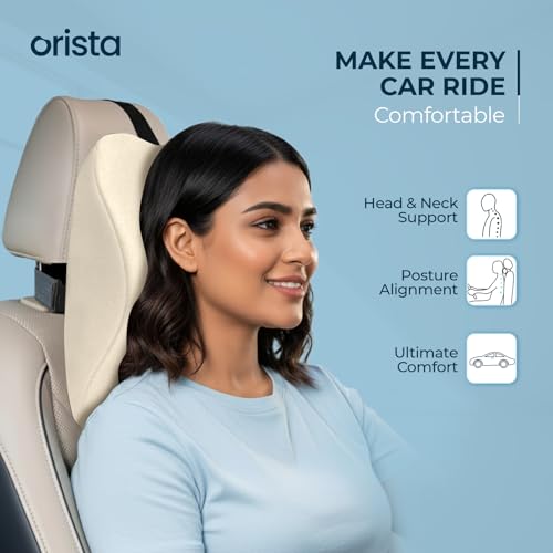 Image of Orista Premium Car Neck Rest Pillow | 2 Years Warranty | Memory Foam Neck Pillow for Car, Headrest Cushion for Neck & Cervical Support - Relieves Neck Pain & Fatigue | Beige Velvet