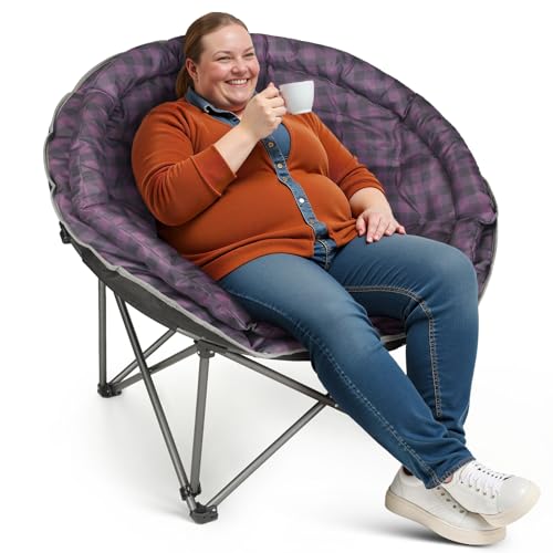 Oversized XXL Folding Round Camping Chair,Super Comfy Padded Moon Camp Chairs,Heavy Duty Outdoor Lawn Chairs for Adults,Perfect for Indoor,Family Camping,Hiking,Picnics and Garden,Purple Plaid