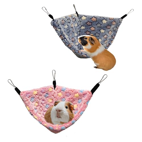 Image of Hanging Corner Hammocks with Hooks for Small Animals, Pack of 2 | Ideal Hammocks for Guinea Pigs, Rats, Chinchillas, Squirrels, Hamsters | Perfect for Pet Critter Cages. L, PinkStar+BlueStar