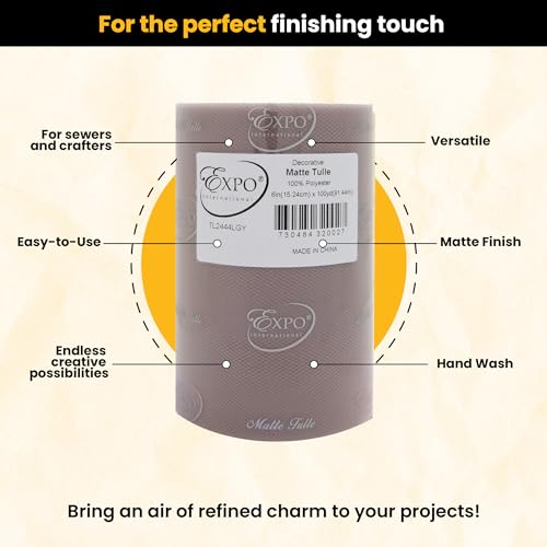 Image of Expo International Decorative Matte Tulle, Roll /Spool of 6 inch X 100 Yards, Lightweight Polyester Tulle Fabric for Tutus, Costumes, and Party Decorations, Washable, Easy-to-Use, Light Gray