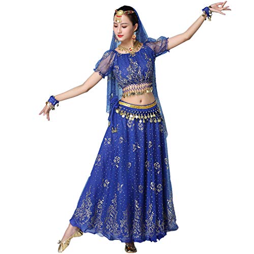 Girls Belly Dance Dress 3-Piece Set Bollywood Indian Folk Kids Arabian Performance Costume Carnival Outfit (Adult Size, Dark-Blue Adult Size) #TOP5