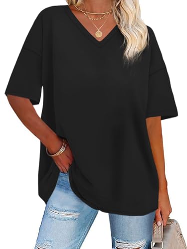 ADOREJOY オーバーサイズ Tシャツ 女性用 Vネック 夏 半袖 カジュアル ゆったり チュニック Tシャツ, Aa Pure Black, Large（Amazon）