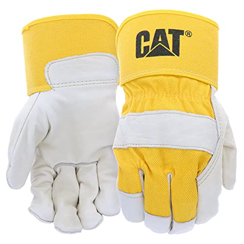 Cat® CAT013101L Top Grain Leather Palm Gloves – Gray/Tan, Large, Lined, Breathable Cotton Back Gloves with Rubberized Safety Cuffs