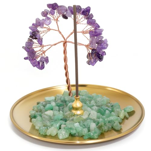 BEYLAB Ametista Portaincenso Bastoncino Soprammobile con Albero della Vita in Chakra Pietre, Bruciatore Incenso Ceneri con, Ornamento Decorativo Interni Casa Reiki Guarigione 14 cm