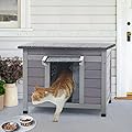 Outdoor Feral Cat House Weatherproof, Small Wooden Rabbit Hutch Bunny Cage Indoor-PVC Door Flaps