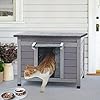 Outdoor Feral Cat House Weatherproof, Small Wooden Rabbit Hutch Bunny Cage Indoor-PVC Door Flaps