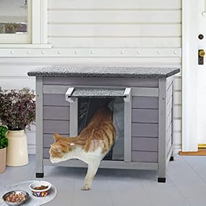 Outdoor Feral Cat House Weatherproof, Small Wooden Rabbit Hutch Bunny Cage Indoor-PVC Door Flaps