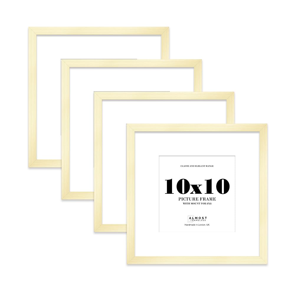 10x10 Gold Picture Frame with Mount for 8x8 Photos, Prints - Modern Square Wall Frame, Set of 4