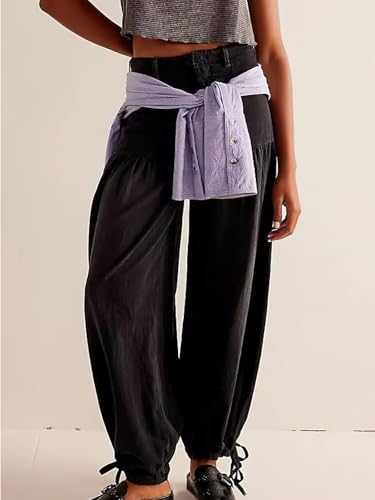 ebossy Women's Baggy Barrel Jeans High Waist Lotus Adjustable Drawstring Bow Tie Wide Leg Denim Pants3