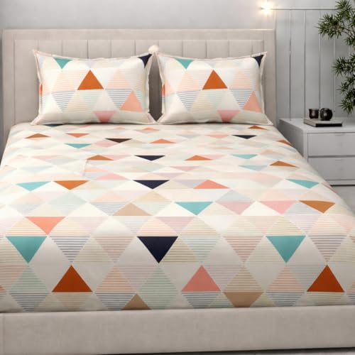 Image of 350 TC Premium Heavy Cotton Feel Elastic Fitted Bedsheet Queen Size with 2 Pillow Covers || Double Bed with All Around Elastic (White Geometric, Fitted - Double72x72)