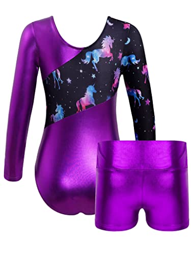 Moggemol Kids Girls Gymnastics Dance 2 Piece Outfits Long Sleeve Leotards With Shorts Sets Athletic Biketard Metallic,Purple 6 Years #TOP1