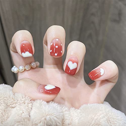 24pcs Press on Nail Shot Length Coffin Fake Nails Nail Decoration Sticker on Nail with Heart Design Acrylic False Nails Full Cover False Nails Glossy Ballerina Stick on Nails for Women Manicure Tip