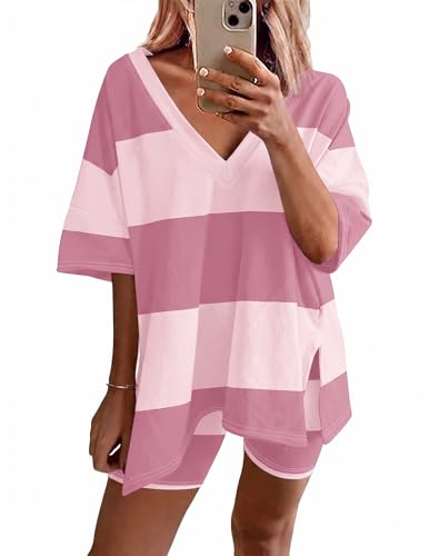 Image of Ekouaer Womens Pajamas 2 Piece Lounge Sets Oversized V Neck T-Shirts Tops Biker Shorts Set Workout Reversible Tracksuit S-XXL