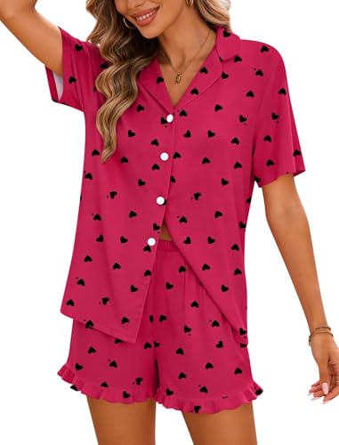 Image of SWOMOG Woman Pajama Set Short Sleeve Pjs Set 2Pcs Short Pajamas Button Down Ruffle Hem Sleepwear Soft Modal Loungewear