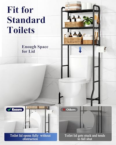 Image of Kitsure Over Toilet Storage Rack, 63.2 inch H Space-Saving, Holder & Hooks | Bathroom, Laundry Room, Small Spaces, Families, Durable Metal, Black, 3 Tier