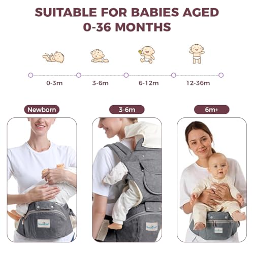 Image of SNOWIE SOFT 3 in 1 Baby Carrier for 0 to 3 Year Baby, Ergonomic Variable Baby Carrier with Detachable Hip Seat, Adjustable Straps, Head Guard, Breathable Padded Cotton, Max Weight Up to 20 Kg (Grey)